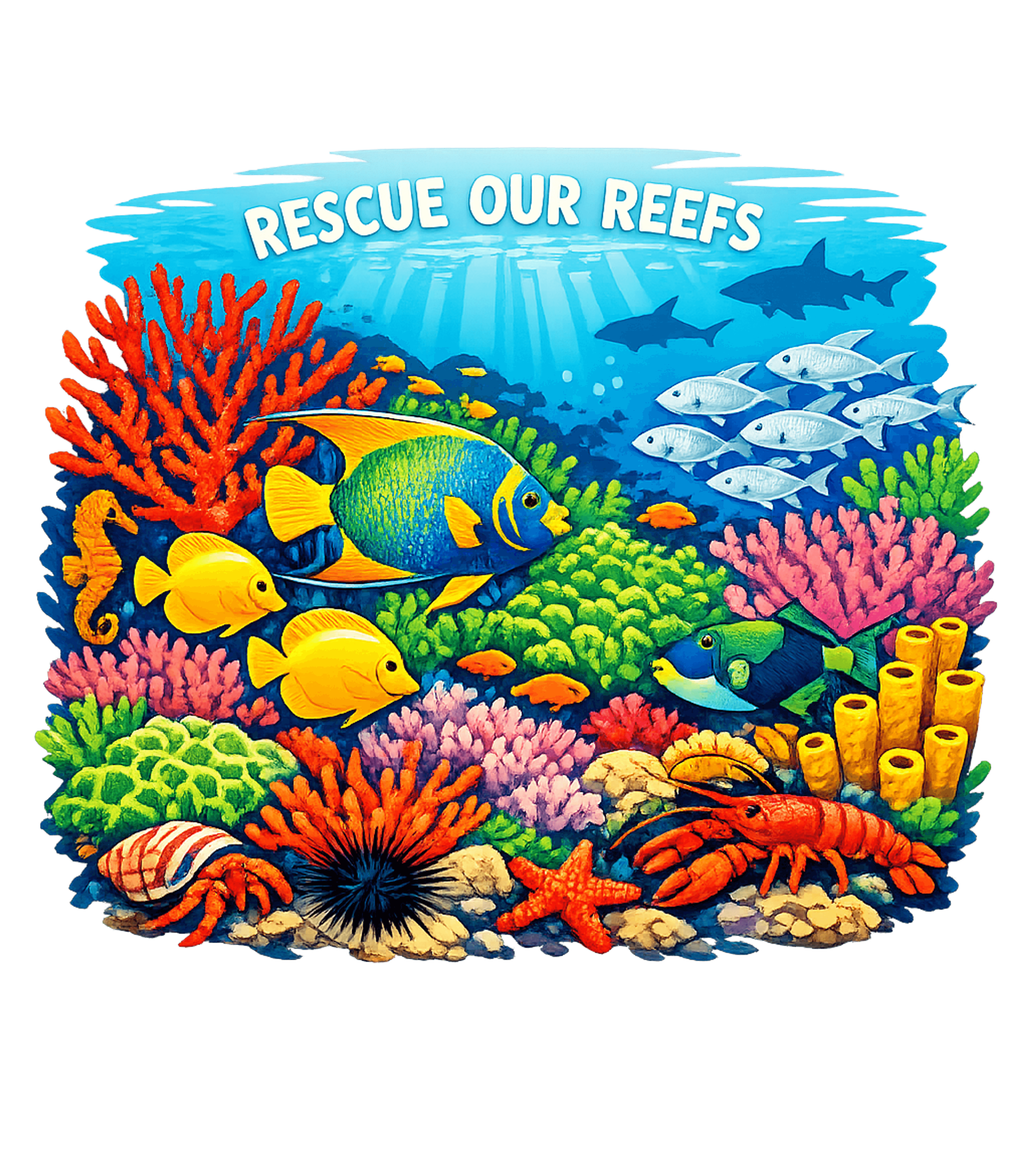 Vintage "Rescue Our Reefs" Ocean Coral Reef All Over Print T-Shirt (1990s)