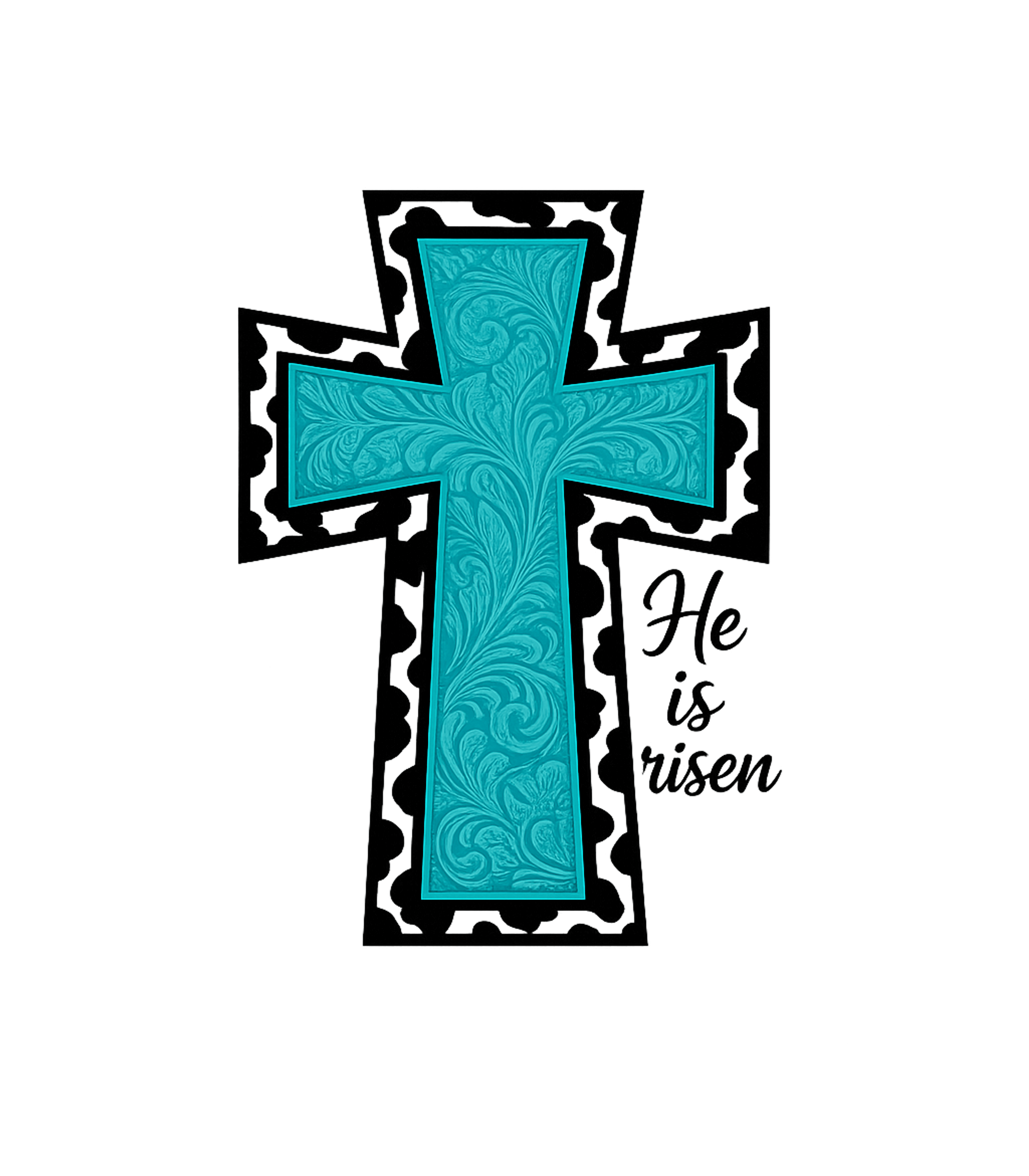 Turquoise & Cow Print He is Risen Cross Graphic Tee